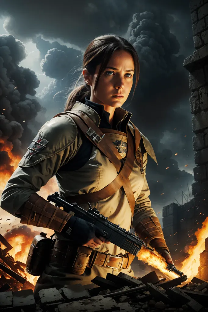 This is an image of a young woman standing in front of a burning building. She is wearing a military-style outfit and is carrying a gun. She has a determined look on her face. The background is dark and smoky.