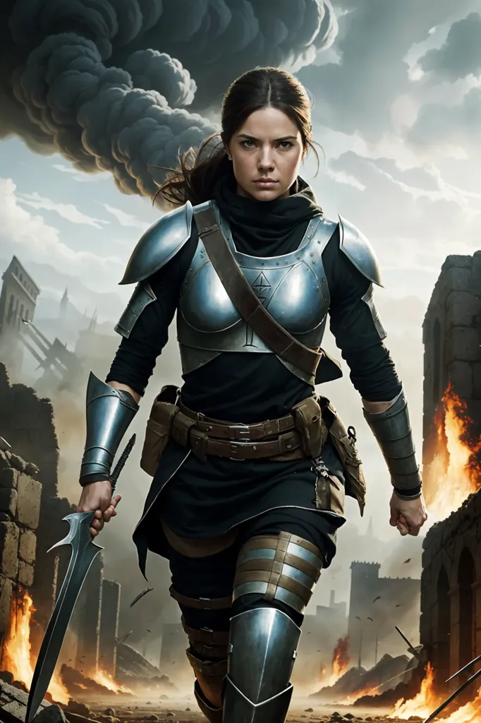 This is an image of a woman dressed in fantasy armor. She is wearing a chainmail shirt with leather underneath. She has a sword in her right hand and a dagger in her left hand. She is standing in a ruined city with smoke and fire in the background.