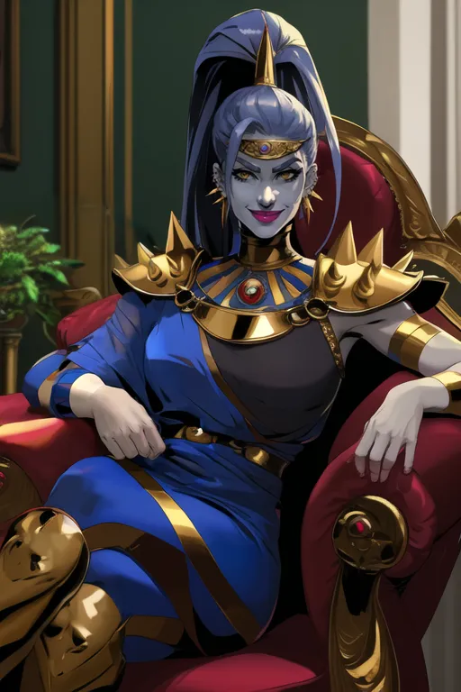 The image shows a woman sitting on a red velvet throne. She has blue skin and long silver hair tied in a ponytail. She is wearing a blue and gold outfit with a golden headdress and a golden necklace with a red jewel in the center. She is also wearing golden bracelets and has golden eyeshadow. She is sitting with her right leg crossed over her left and has a confident smile on her face. There is a plant in the background on the left side of the image.