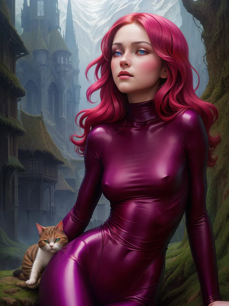 This image shows a woman wearing a purple bodysuit sitting on a tree branch in a forest. The woman has long red hair and blue eyes, and she is looking to the right of the frame. She is wearing a high-collared bodysuit made of a shiny material. The cat is sitting on her right side and is looking up at her. There is a castle in the background.