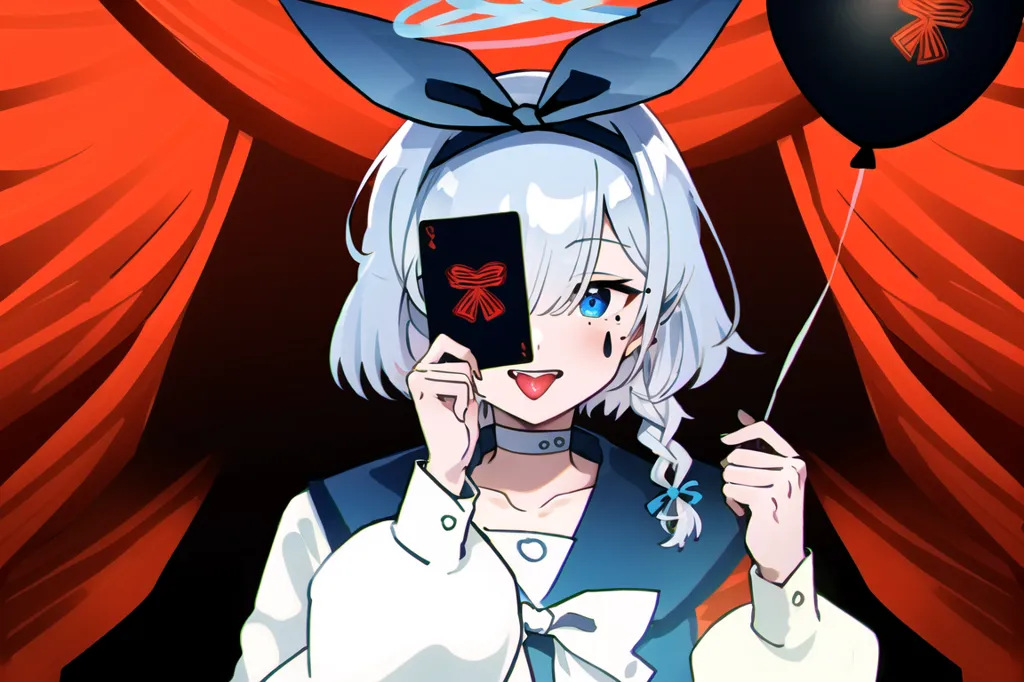 This is an image of a girl with white hair and blue eyes. She is wearing a white shirt with a blue collar and has a black card with a red ribbon on it in front of her face. She is also wearing a blue bow in her hair and has a black balloon with a red ribbon on it. The background is red with a black curtain.