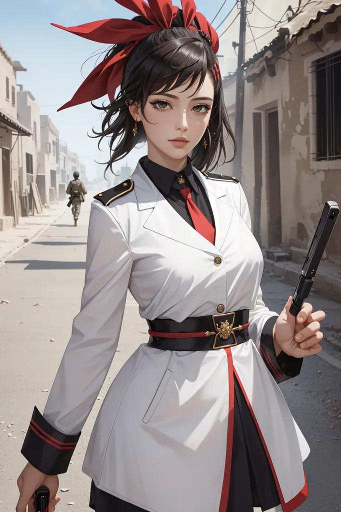 This is an image of a young woman dressed in a military-style uniform. She is wearing a white jacket with red and black trim, a black tie, and a red armband. She has a gun in her hand and is looking to the side. There is a soldier in the background.