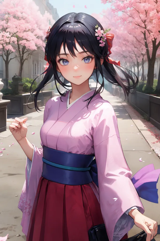 La imagen es un retrato de una mujer joven con un kimono rosa y flores de cerezo en el cabello. Ella está de pie en una calle con árboles de flores de cerezo al fondo. La mujer tiene el cabello negro largo, ojos azules y una sonrisa suave. Lleva un kimono rosa con un obi azul y un hakama rojo. También lleva un bolso negro. La imagen está dibujada en un estilo realista y los colores son vibrantes y brillantes.