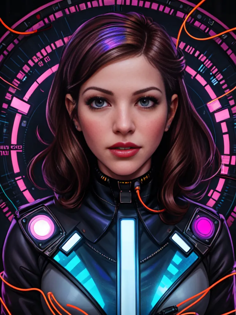 The image is a portrait of a young woman with brown hair and blue eyes. She is wearing a black leather jacket with a blue stripe down the middle. The jacket has a high collar and is zipped up to her neck. She is also wearing a pair of black gloves. The background is a dark blue with a circle of light blue in the center. There are also several pink and orange lines in the background. The woman's expression is serious and thoughtful. She is looking directly at the viewer.