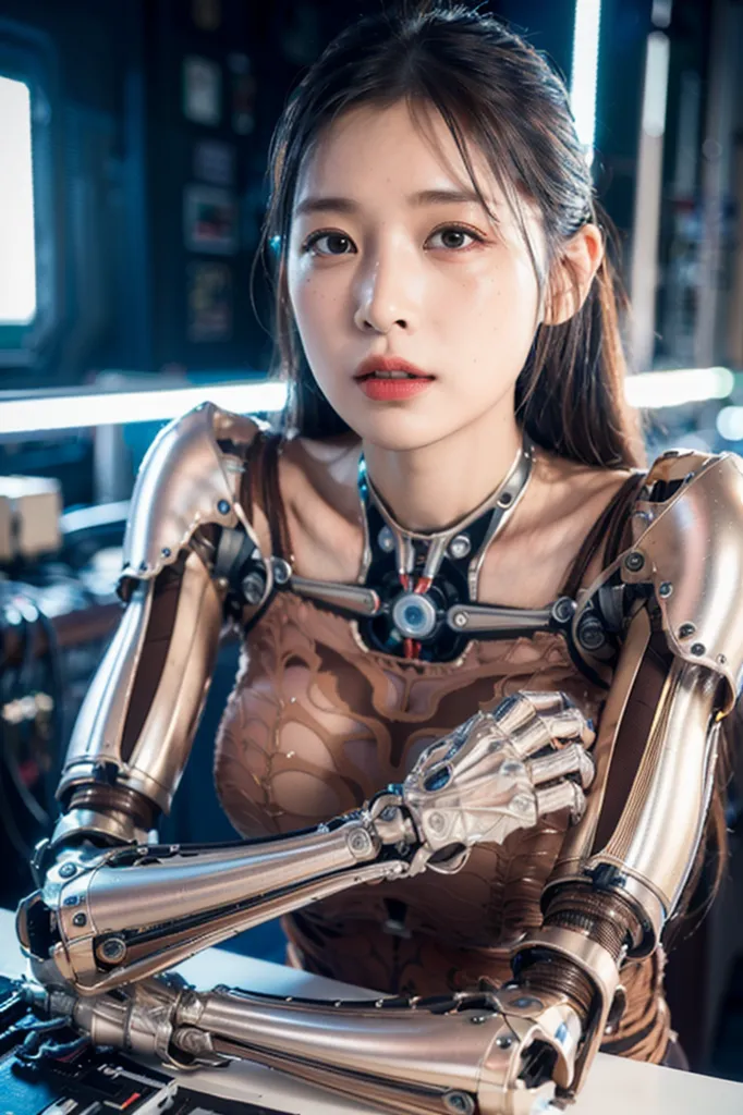 The picture shows a beautiful young woman with long dark hair. She is wearing a black see-through dress. She has a lot of metal implants on her body, including her arms, chest, and neck. She is sitting in a dark room with a lot of technology around her.