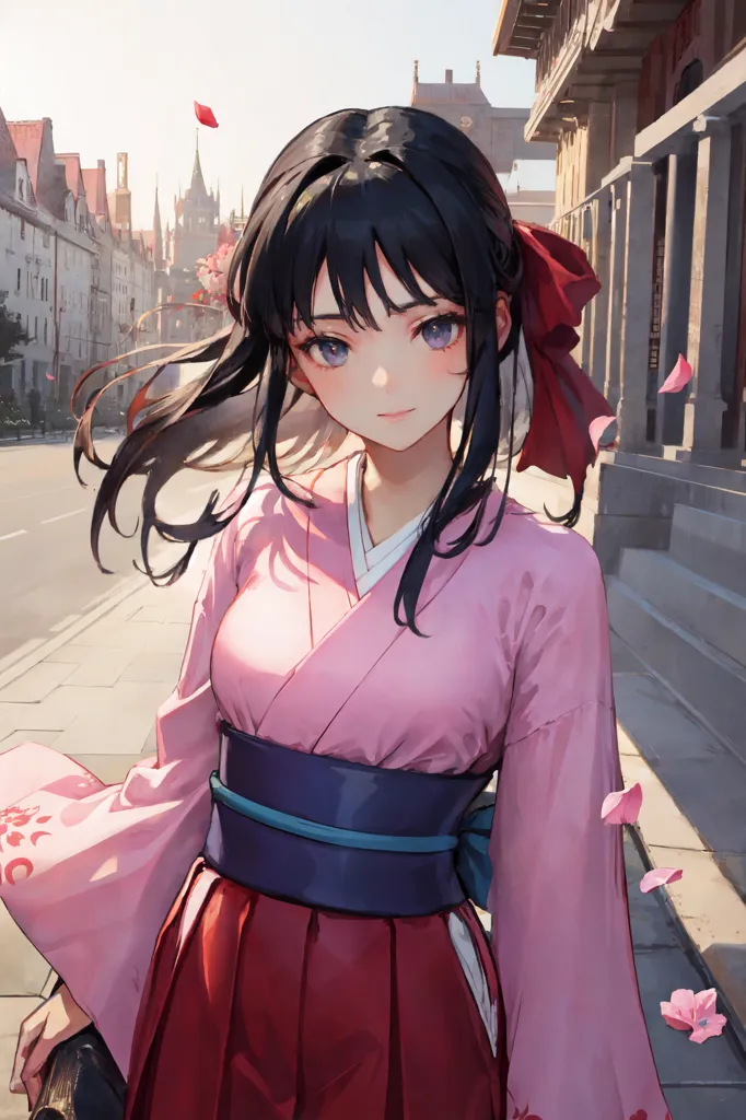 The image is a portrait of a young woman with long black hair and purple eyes. She is wearing a traditional Japanese kimono with a pink outer layer and red inner layer, and a blue obi sash. Her hair is tied in a loose ponytail with a red ribbon. She is standing in a street with a European-style building in the background. The street is lined with trees and there are pink flower petals falling. The image has a soft, romantic feel to it.