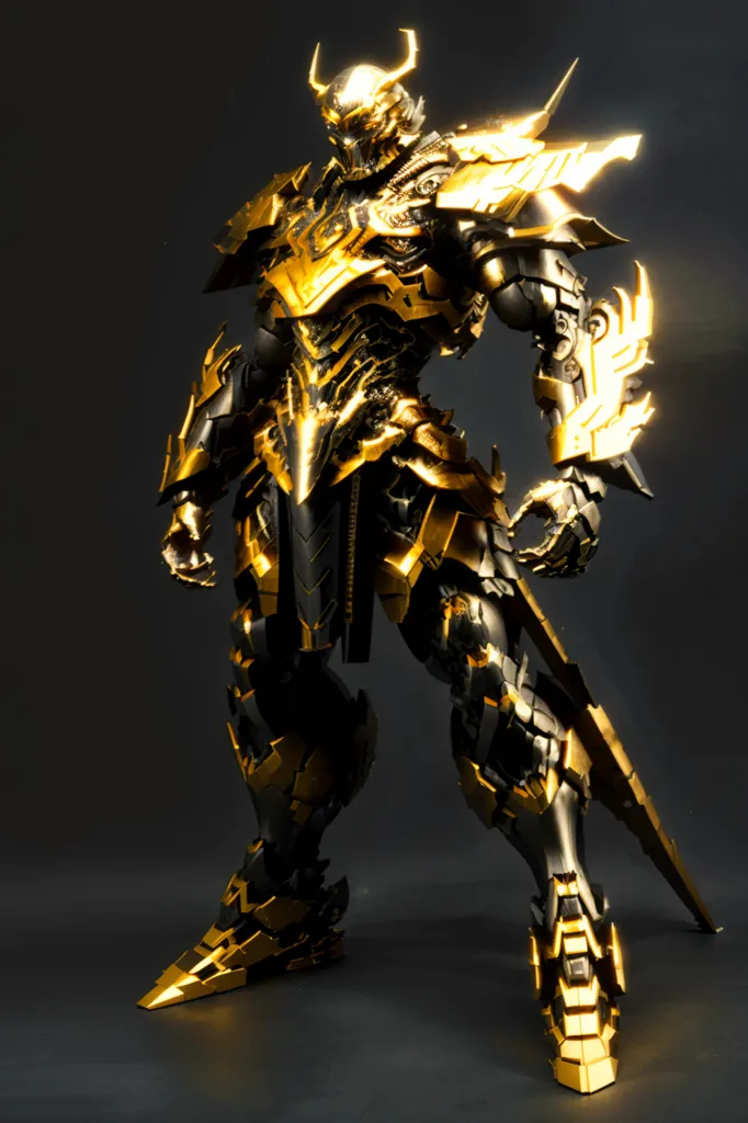 The image is a dark, full-body shot of a robot or suit of armor. The robot is primarily gold with black detailing. It has a horned helmet with a visor, and its body is covered in intricate armor plating. The robot is also armed with a large sword. The background is a dark, neutral color.