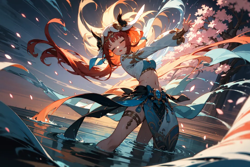 The image is of a young woman with long red hair and brown eyes. She is wearing a white and blue outfit with a yellow ribbon tied around her waist. She is standing in the water, with her feet shoulder-width apart. Her arms are raised in the air, and she has a happy expression on her face. There are cherry blossoms and water splashes around her. The background is a sunset sky with a dark blue sea.