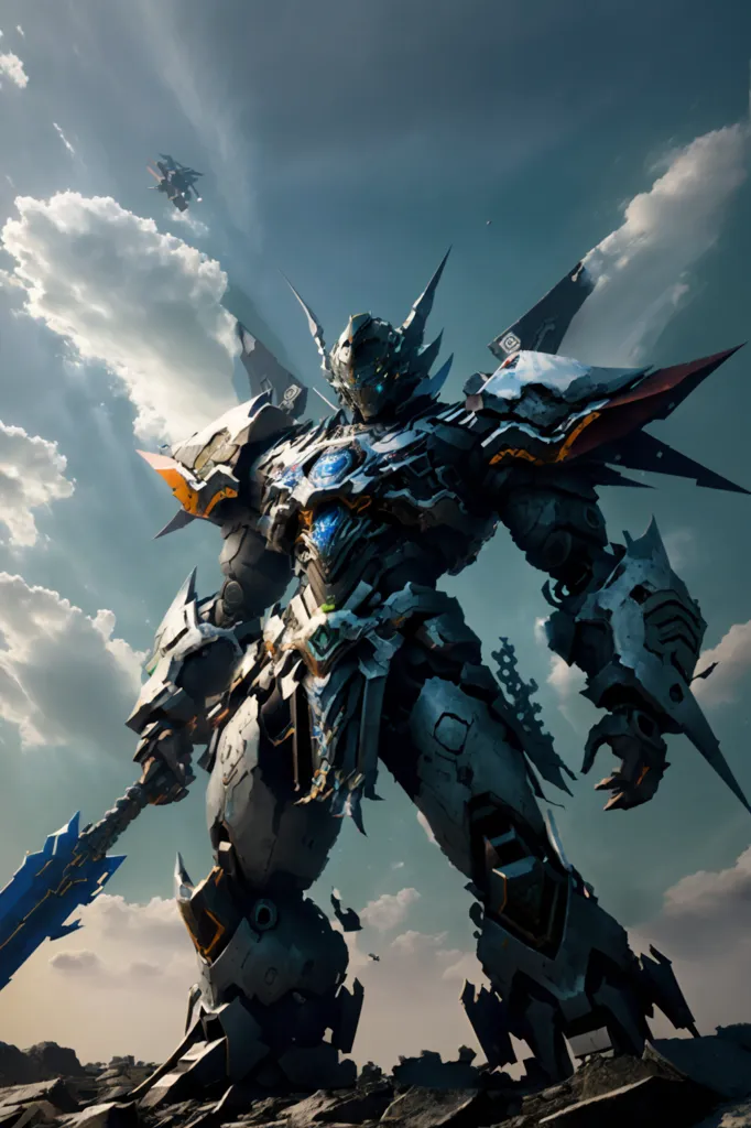 The image shows a giant robot standing on a rocky surface. The robot is made of metal and has a blue and white color scheme. It has a large sword in its right hand and a shield in its left hand. The robot is surrounded by smoke and debris, and there are two small fighter jets flying in the background. The sky is blue and cloudy, and the sun is shining brightly.