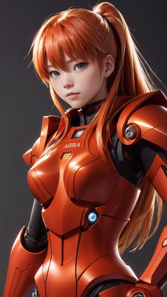 The image shows a young woman with long orange hair and blue eyes. She is wearing a red and orange armored suit with the word \