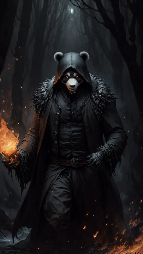 The image is a dark fantasy depiction of a panda. It is standing in a forest, holding a flame in its paw. The panda is wearing a black cloak and a hood, and its eyes are glowing red. The background is dark and shad