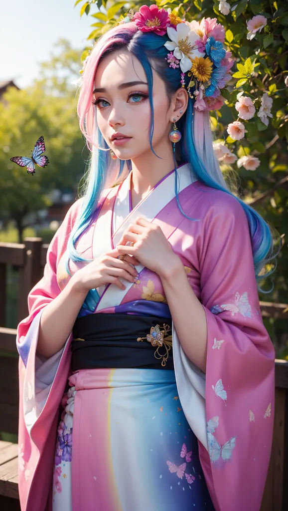 The image contains a beautiful young woman wearing a pink kimono with a floral pattern. She has long blue hair with pink highlights and blue eyes. There are flowers in her hair and a butterfly on her shoulder. She is standing in a garden with a wooden fence in the background.