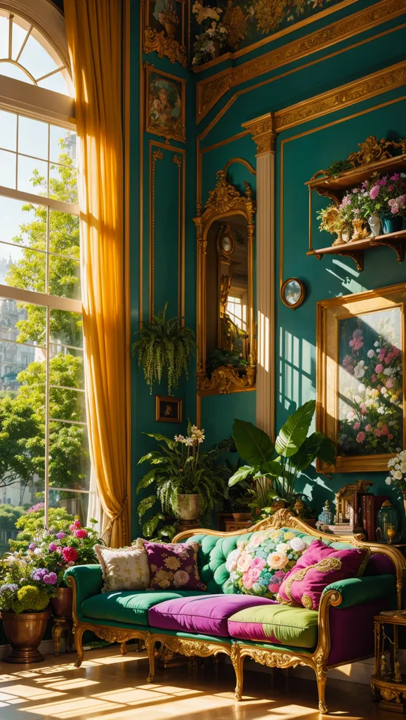 The image is a living room with a large window, a green wall, and a golden sofa. The window is covered with yellow curtains. There are some plants in front of the window. The sofa is decorated with pink and green pillows. There is a mirror on the wall behind the sofa. There are two paintings on the wall next to the mirror. There is a small table in front of the sofa. There is a vase of flowers on the table.