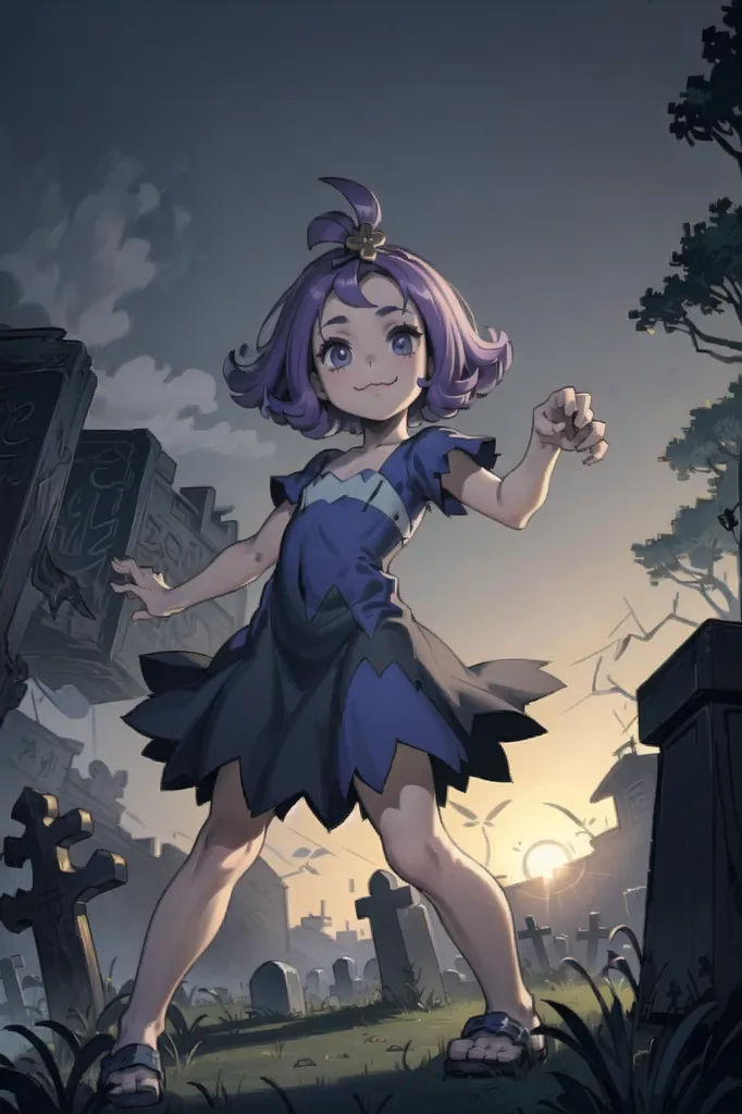 The image shows a small girl with purple hair and purple eyes. She is wearing a black and purple dress with a white collar. She is standing in a graveyard, and there are tombstones all around her. The sun is setting in the background, and the sky is turning into a dark purple. The girl has a mischievous smile on her face, and she is holding her hand out, as if she is about to cast a spell.