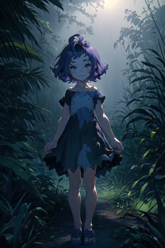 The image is of a young girl with purple hair and blue eyes. She is wearing a torn dark blue dress and is standing in a lush green forest. The girl is smiling and has her arms outstretched.