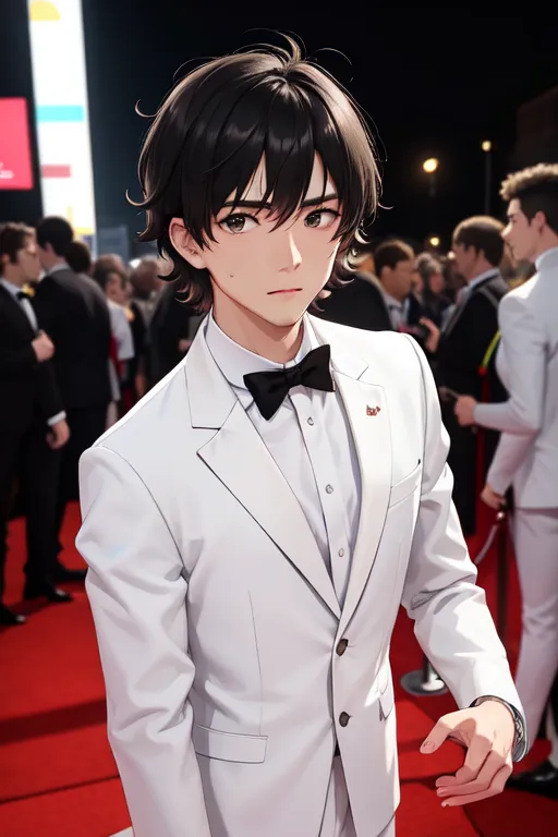 The image shows a young man, probably in his late teens or early twenties, dressed in a white tuxedo with a black bow tie. He has a white rose pinned to the lapel of his jacket. His hair is dark brown and his eyes are brown. He is standing on a red carpet, with a crowd of people in the background. The people in the background are dressed in evening wear.