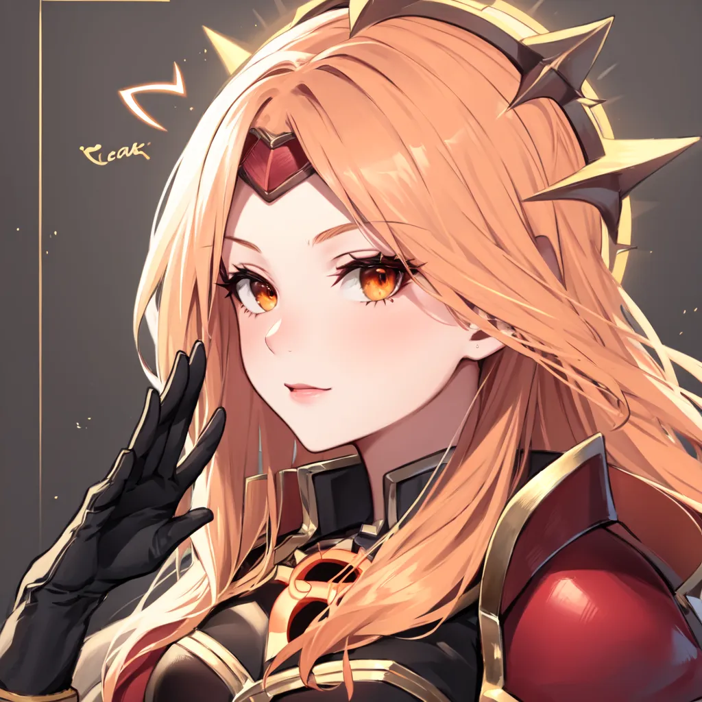 The image shows a young woman with long orange hair and orange eyes. She is wearing a red and gold armor and has a confident smile on her face. She is also wearing a black glove on her right hand. She appears to be a warrior or a knight of some sort.