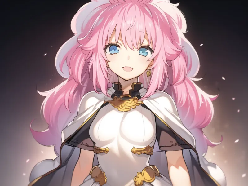 The image is of a young woman with pink hair and blue eyes. She is wearing a white dress with a gold trim and a white cape. She has a gentle smile on her face and is looking at the viewer. The background is a dark color with a spotlight shining down on her.