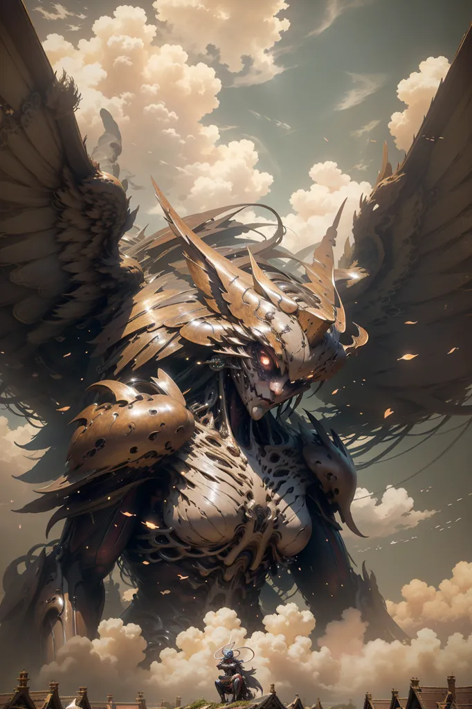 The image is of a giant, winged woman made of metal. She is standing in a city, with buildings and towers around her. The woman is wearing a revealing outfit, and her wings are spread out behind her. She has a determined expression on her face, and it is clear that she is ready for battle.