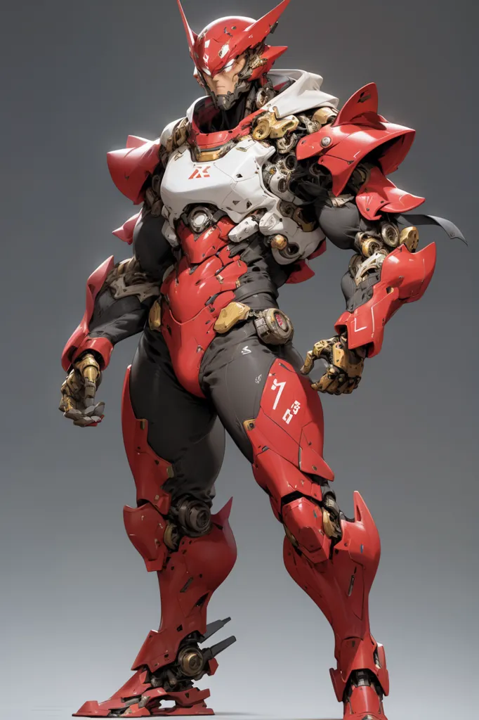 The image is a digital painting of a red and white mecha. The mecha is standing in a powerful pose, with its fists clenched and its feet shoulder-width apart. It has a large, red, V-shaped chest plate and a white, triangular head with a red visor. Its arms and legs are covered in red and white armor, and it has a pair of large, red wings on its back.