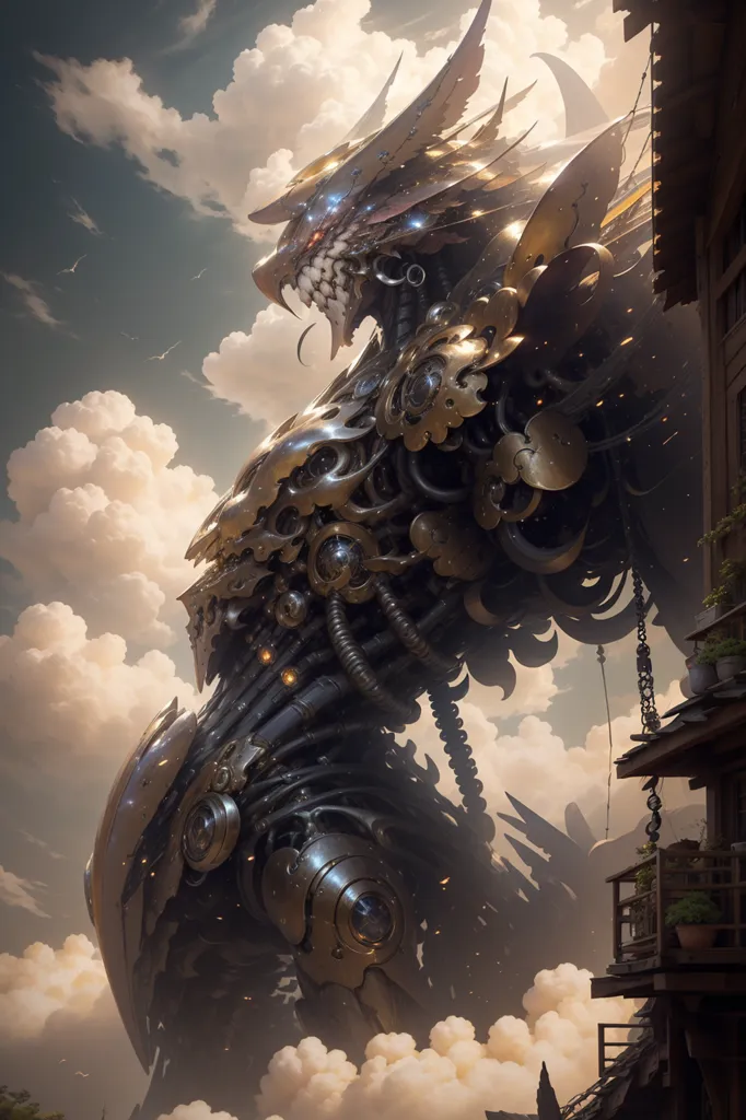 The image is a digital painting of a steampunk dragon. The dragon is depicted as a large, winged creature with a metallic body. It has a long, serpentine neck and a head that is reminiscent of a lion. The dragon's body is covered in intricate details, including gears, rivets, and wires. The background of the image is a cloudy sky, with a building on the right side. The dragon is standing on a rooftop, and it is looking down at the viewer with its glowing red eyes.