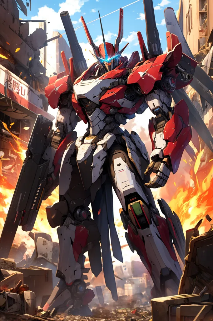 The image shows a red and white mech standing in a ruined city. The mech is armed with a large gun and is surrounded by debris. The sky is orange, and there are large buildings in the background. The mech is standing on a pile of rubble.