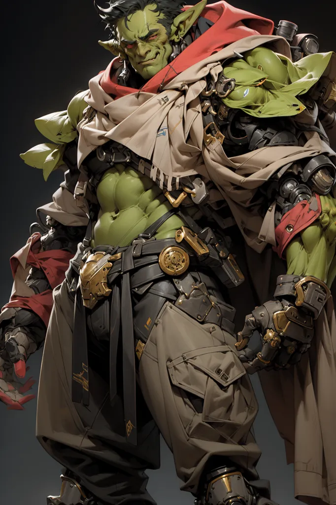 The image is of a muscular green orc with black and red hair. He is wearing a white shirt and brown pants. He has a lot of cybernetic enhancements, including a metal arm and leg, and a device on his head. He is also wearing a red scarf and has a large gun on his back. He has a belt with a golden buckle and several pouches attached to it. He is standing in a dark room with a grey background.