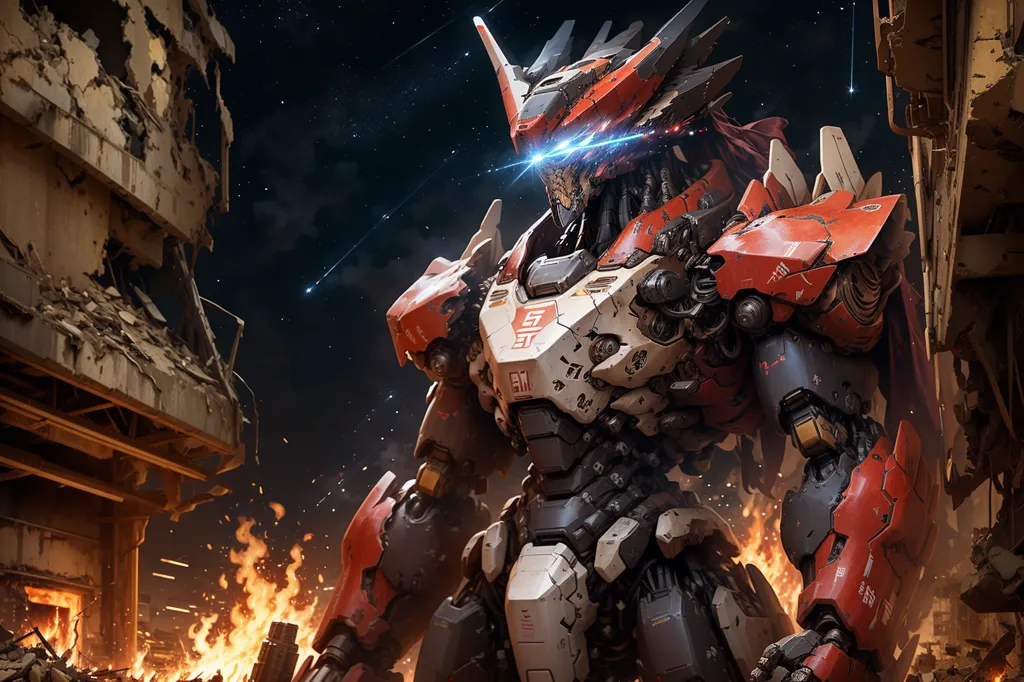 The image shows a giant robot standing in a ruined city. The robot is red and white, and it has a large cannon on its right arm. The city is in ruins, and there are fires burning everywhere. The robot is looking at the camera, and its eyes are glowing blue.