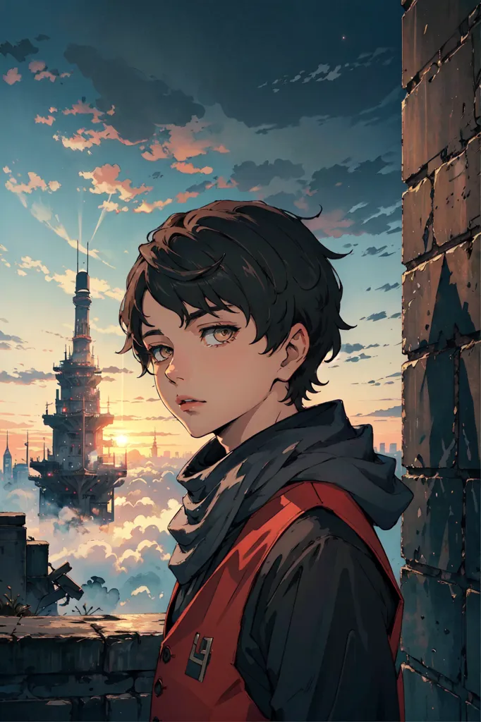 This is an anime-style illustration of a young man standing in front of a futuristic cityscape. He is wearing a black jacket with a red vest and a scarf around his neck. He has short brown hair and brown eyes, and he is looking at the view with a thoughtful expression. The city is in the distance, and it is covered in tall buildings and skyscrapers. The sky is a gradient of orange and blue.