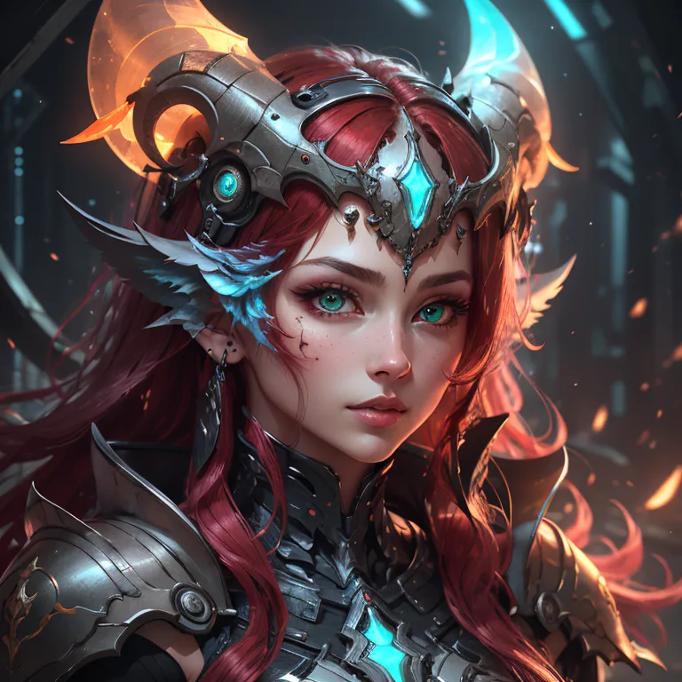 This image shows a woman with red hair and blue eyes. She is wearing a metal breastplate and a helmet with horns. The helmet has blue and green gems on it. She is also wearing a necklace with a blue gem in the center. The background is dark with bright lights in the back.