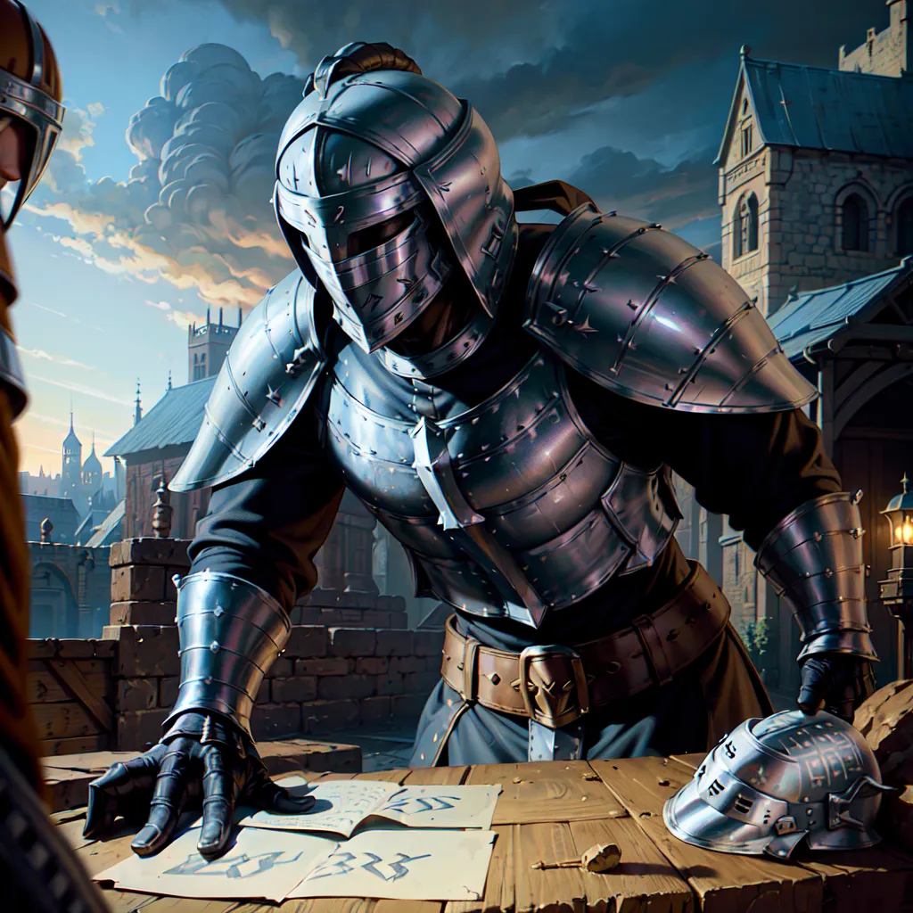 The image shows a knight in full plate armor. He is standing in a room, looking at a map on a table. There is a helmet on the table. The knight is wearing a surcoat over his armor. The surcoat is emblazoned with a red cross. The knight has a sword and a dagger at his side. He is also wearing a pair of gauntlets. The room is lit by a single candle.