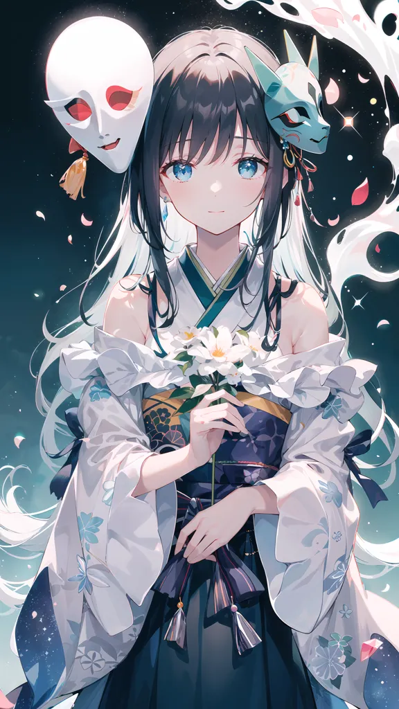 La imagen es de una mujer joven con cabello negro largo y ojos azules. Está usando un kimono japonés tradicional con un patrón floral blanco y azul. El kimono está atado con un obi azul. También está usando una máscara de zorro blanca. La mujer está de pie frente a un fondo azul oscuro con un círculo blanco en el centro. También hay algunas flores blancas y azules en el fondo. La mujer sostiene una flor blanca en su mano derecha. Tiene una sonrisa suave en su rostro.