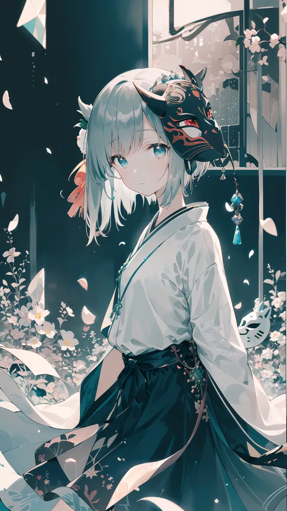 La imagen es de una mujer joven con el cabello blanco y ojos azules. Está usando un kimono japonés tradicional con un patrón floral y un obi blanco. Tiene una máscara de zorro en el cabello y está de pie en un campo de flores. El fondo es un cielo nocturno azul oscuro.