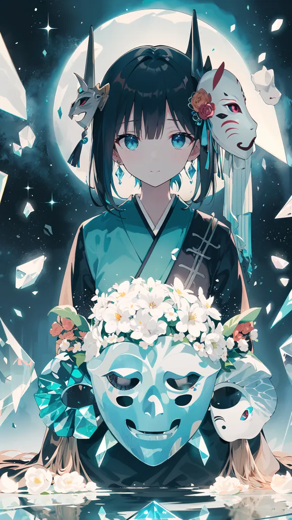 The image is of a girl with long black hair and blue eyes. She is wearing a blue kimono with white flowers and has a fox mask on her head. She is standing in front of a blue moon and there are white flowers and crystals floating around her.