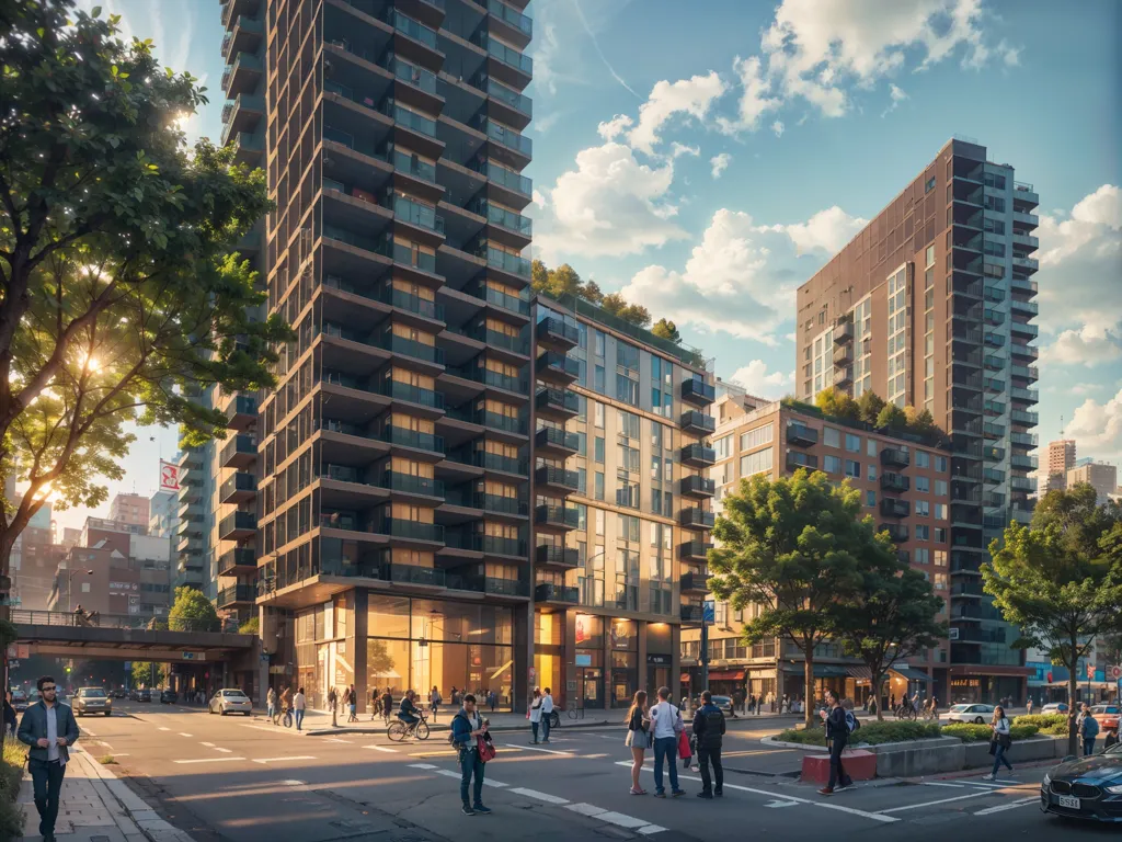 The image shows a busy urban street with people crossing the road and cars driving by. There are tall buildings on both sides of the street and trees lining the sidewalk. The buildings are mostly made of glass and concrete. The image is warm and sunny.