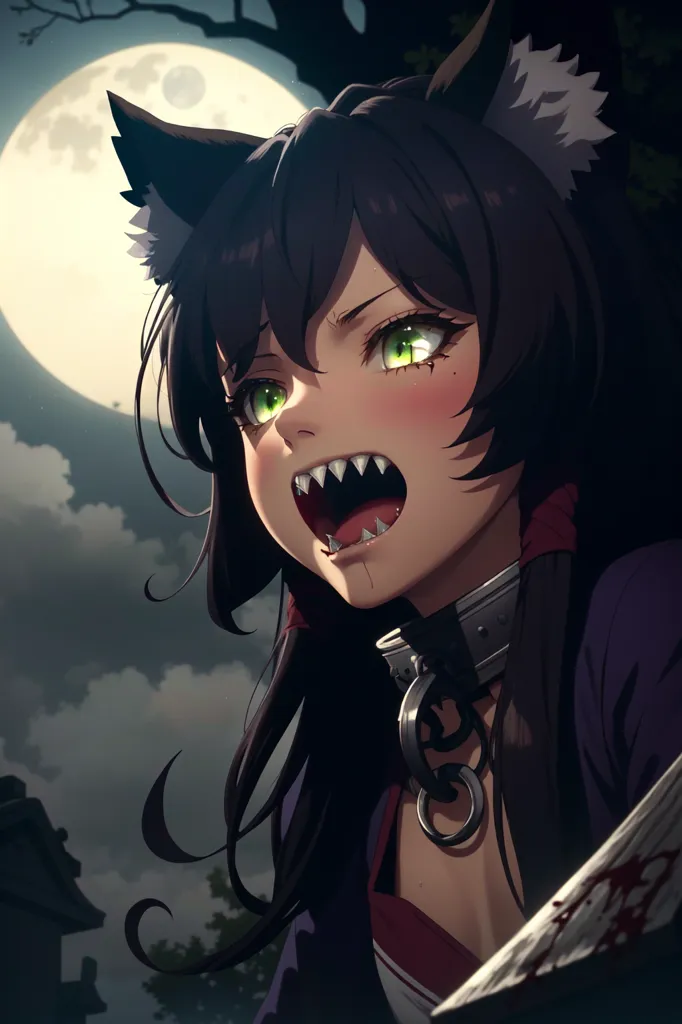 The image is of a young woman with long black hair and green eyes. She has sharp teeth and a collar around her neck. She is wearing a black and red kimono and is standing in front of a full moon. There is a tree with bare branches behind her. The background is dark and there are clouds in the sky.