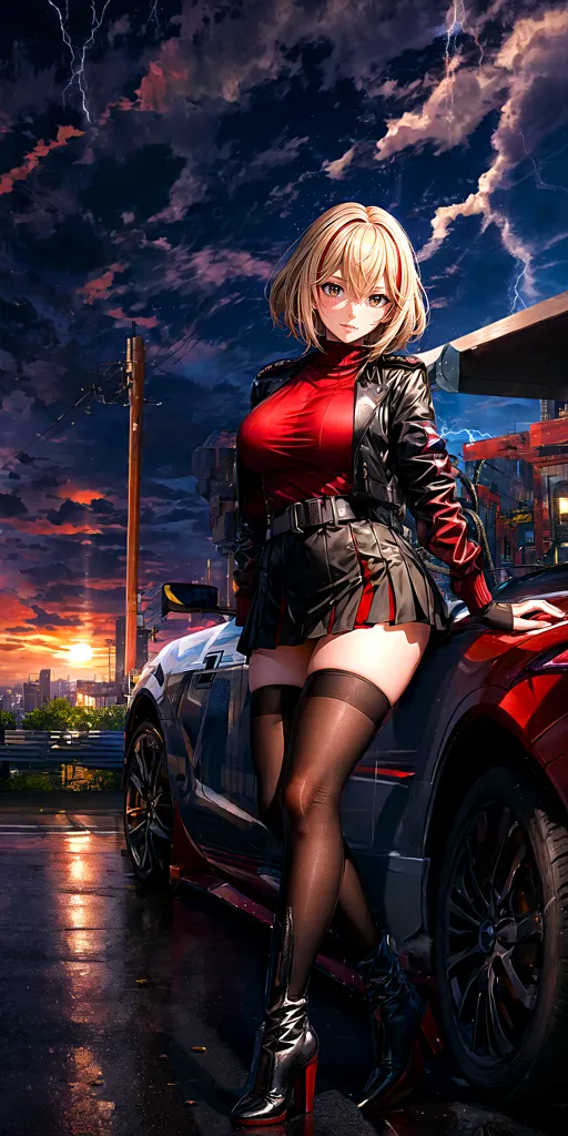 A woman is standing next to a black sports car. She is wearing a red and black outfit and has blonde hair. The background is a stormy sky with a city in the distance.