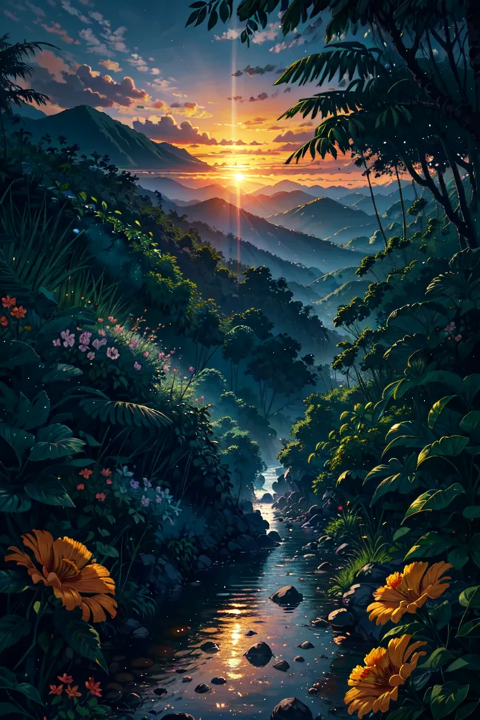 The image is a beautiful landscape painting. It depicts a valley in the mountains. The sky is a gradient of orange, yellow, pink, and blue. The sun is setting behind the mountains. The valley is filled with lush green trees and plants. There is a river running through the valley. The river is reflecting the light of the sun. There are some flowers on the banks of the river. The painting is very peaceful and serene.