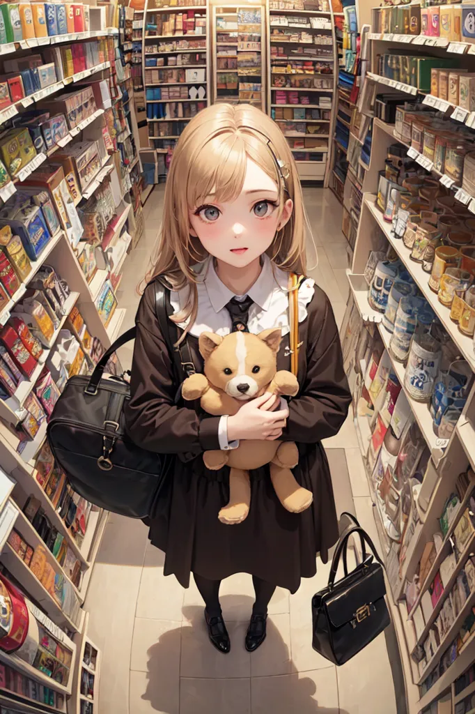 The image is a digital painting of a young girl standing in a grocery store. She is wearing a brown dress with a white collar and a black bag over her shoulder. She has long blond hair and blue eyes, and she is carrying a stuffed animal. The store is full of shelves stocked with various goods.