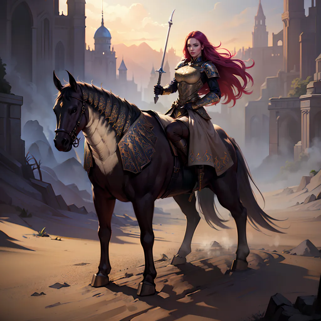 The image is of a woman riding a horse. The woman is wearing armor and has a sword in her hand. She has long red hair and green eyes. The horse is black and has a white mane and tail. The woman is riding in a ruined city. There are broken buildings and rubble all around her. The sky is orange and the sun is setting.