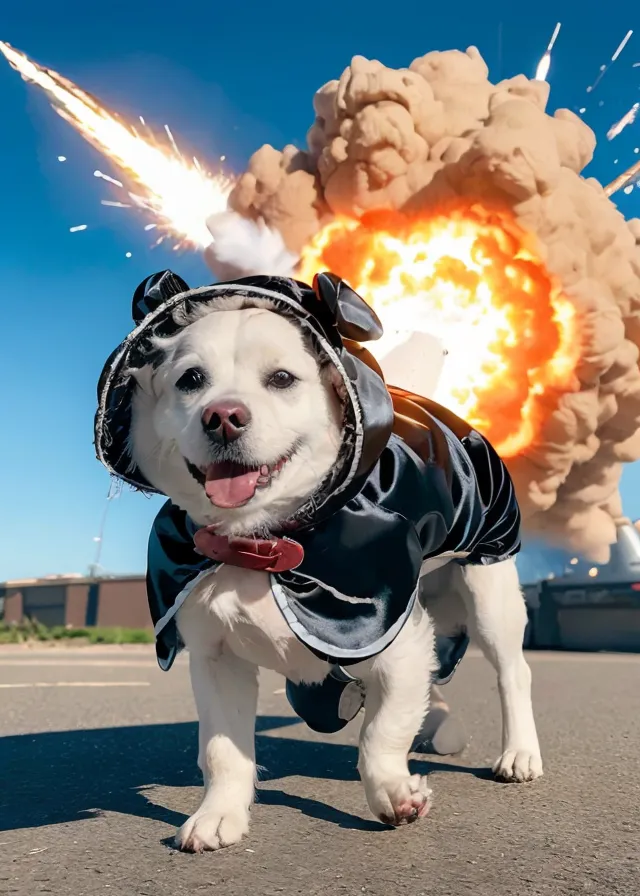 The image shows a small white dog wearing a black and gray cape with mouse ears. The dog is standing in front of a large explosion. The dog is looking at the camera with its mouth open and its tongue out. The explosion is behind the dog and is orange and yellow. There is smoke coming from the explosion. The ground is covered in debris. The sky is blue and there are clouds in the sky.