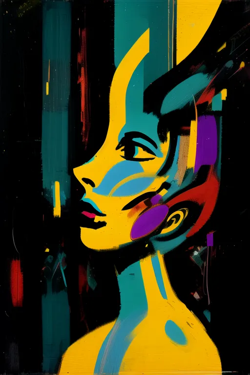 A pintura é de uma mulher de perfil. Ela tem a pele amarela, olhos azuis e lábios rosa. Seu cabelo é preto e ela está usando um vestido preto. O fundo é azul escuro com linhas brilhantes amarelas, vermelhas e verdes. A pintura está em um estilo moderno e lembra as obras de Picasso e Matisse.