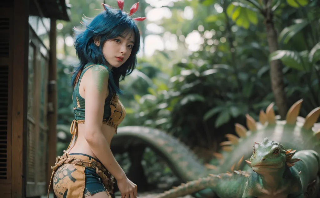 La photo représente une jeune femme vêtue d'une tenue légère debout dans un cadre luxuriant de jungle. Elle a les cheveux bleus et regarde l'objectif avec une expression sérieuse. Une créature de type dinosaure vert se tient à sa droite. L'arrière-plan est flou et se compose de verdure verte.