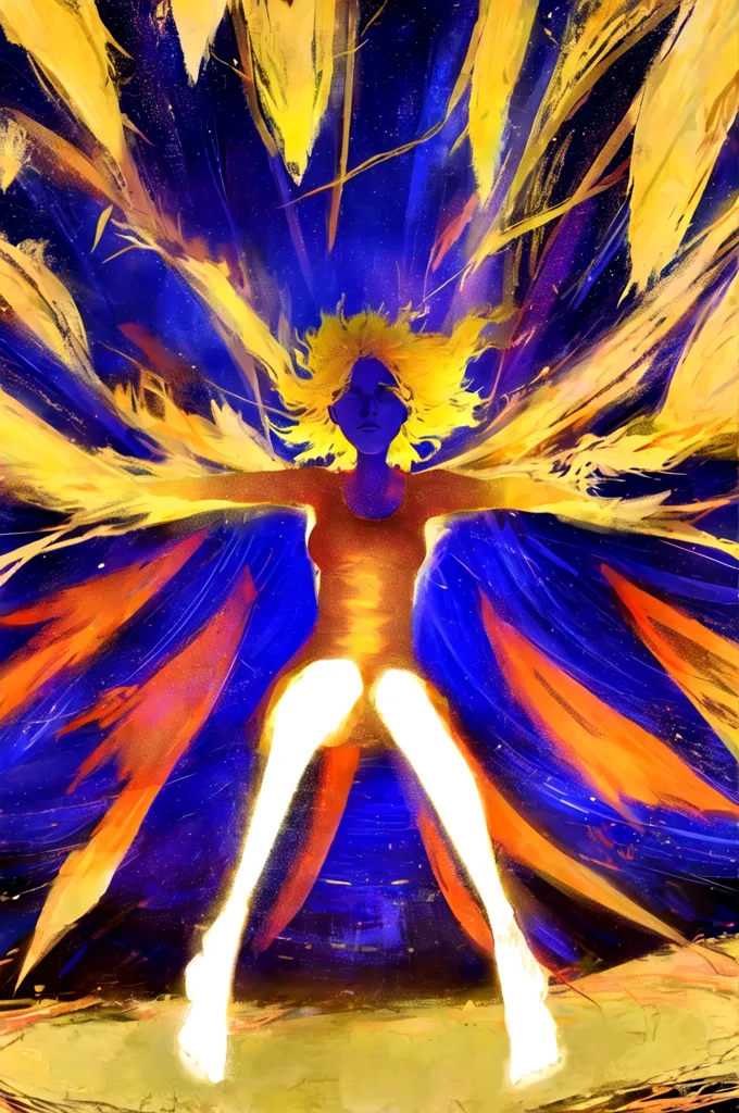 The image is of a woman with her arms outstretched. She is surrounded by a colorful, abstract background. The woman is wearing a yellow and blue leotard. She has long, flowing hair. The woman's eyes are closed. She is surrounded by a bright light. The background is dark blue with streaks of yellow and orange. The image is very dynamic and has a lot of energy. It is unclear what the woman is doing, but she seems to be in a state of power or ecstasy.