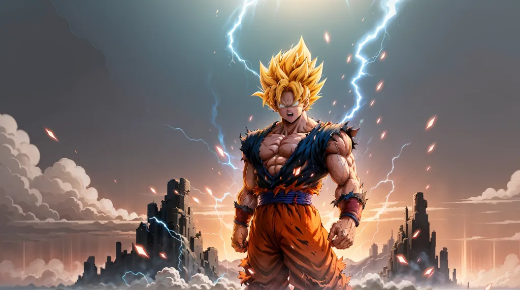 La imagen muestra a Goku, un personaje de la serie Dragon Ball. Está de pie en una ciudad destruida, rodeado de escombros y relámpagos. Lleva puesto su gi naranja y tiene el cabello erizado. Su expresión es de determinación y poder. El fondo es un cielo oscuro y tormentoso con nubes y relámpagos.