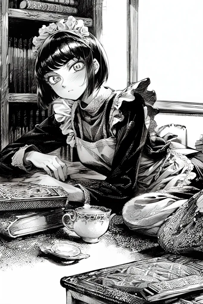 The image is a black and white illustration of a young woman dressed in a maid's outfit. She has short black hair and wide, frightened eyes. She is sitting on a pile of books, with a teacup and saucer on the floor beside her. The background is a wall of bookshelves.