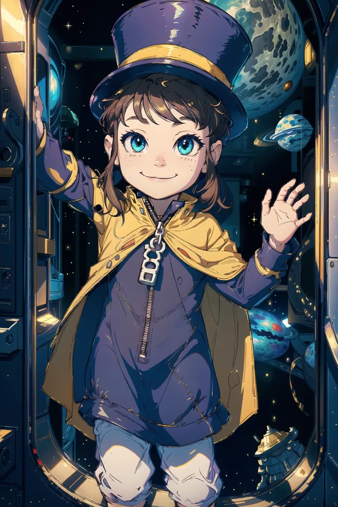 The image shows a young girl standing in the doorway of a spaceship. She is wearing a blue and yellow striped shirt, a yellow jacket, and a purple top hat. She has brown hair and blue eyes, and she is smiling. The background of the image is a starry night sky, with planets and stars in the distance.