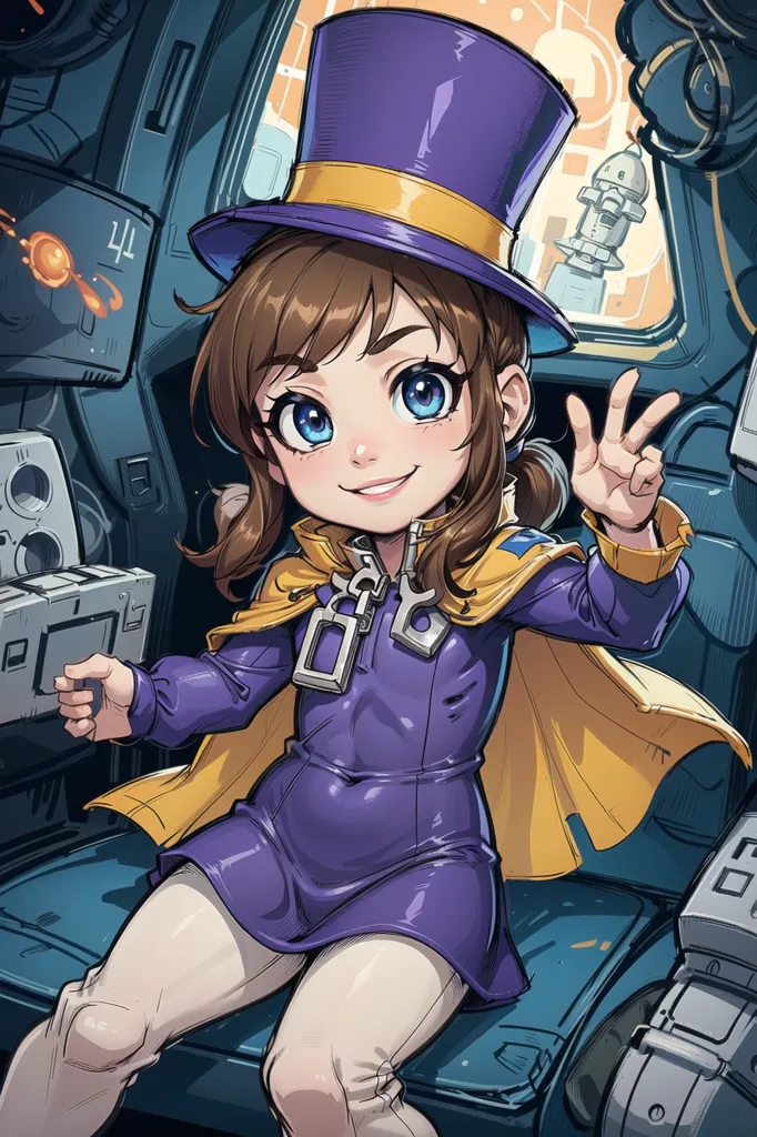 A young girl in a purple hat and coat is sitting in a spaceship. She has brown hair and blue eyes, and she is smiling. She is holding a strange device in her right hand and has her left hand raised in a peace sign. The spaceship is full of strange machines and gadgets.