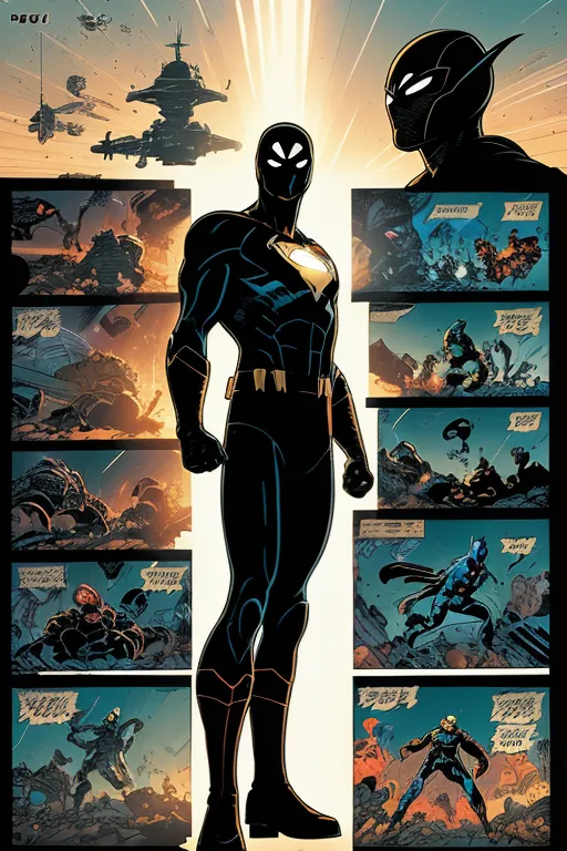 The image is a comic book-style drawing of a superhero. The superhero is wearing a black and yellow costume with a mask that covers his eyes. He is standing in a heroic pose, with one hand on his hip and the other raised in the air. In the background, there are several panels showing the superhero in action. In one panel, he is fighting a group of villains. In another panel, he is rescuing a civilian from a burning building. The image is drawn in a realistic style, and the colors are bright and vibrant. The overall effect is one of excitement and suspense.