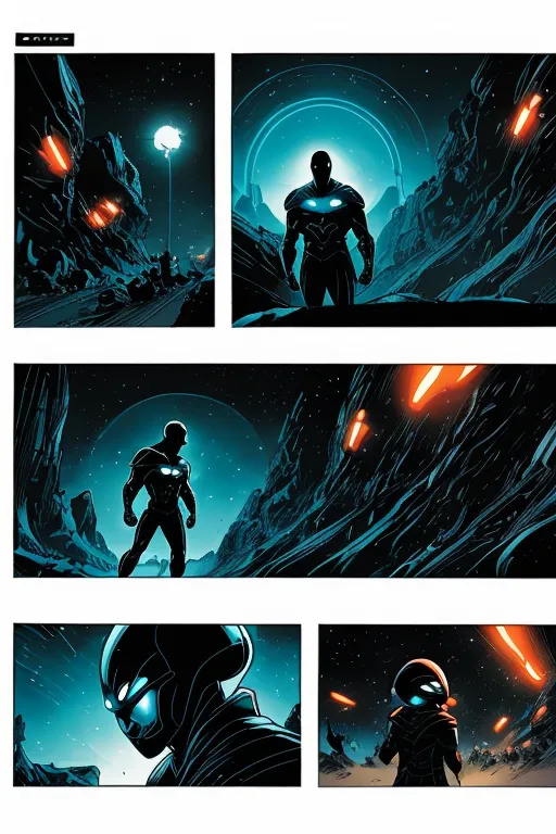 The image is a comic book style illustration. It is set in a dark, rocky landscape with a blue moon in the background. There is a figure standing in the foreground. He is wearing a black and blue suit of armor and has a glowing blue orb on his chest. He is looking down at a group of people who are running away from him. There are also several large rocks in the background. The illustration is done in a realistic style and the colors are vibrant and saturated.